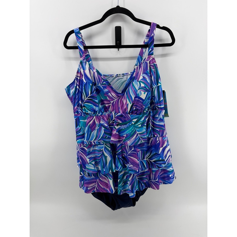 Swim Solutuons, One Piece Swimsuit, Blue/Teal/Purple Floral Pattern, 20W NWT
